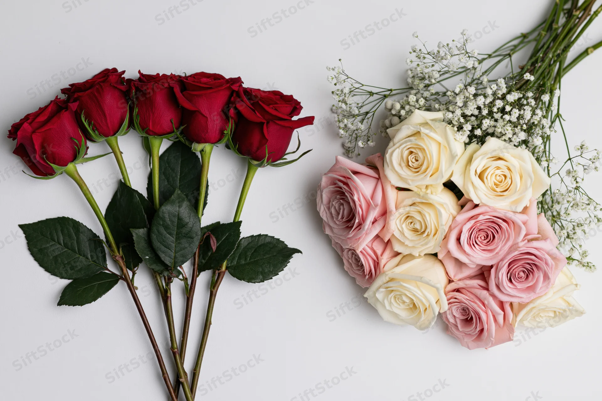 Two bouquets of red and pink white roses with baby's breath arranged side by side on white surface