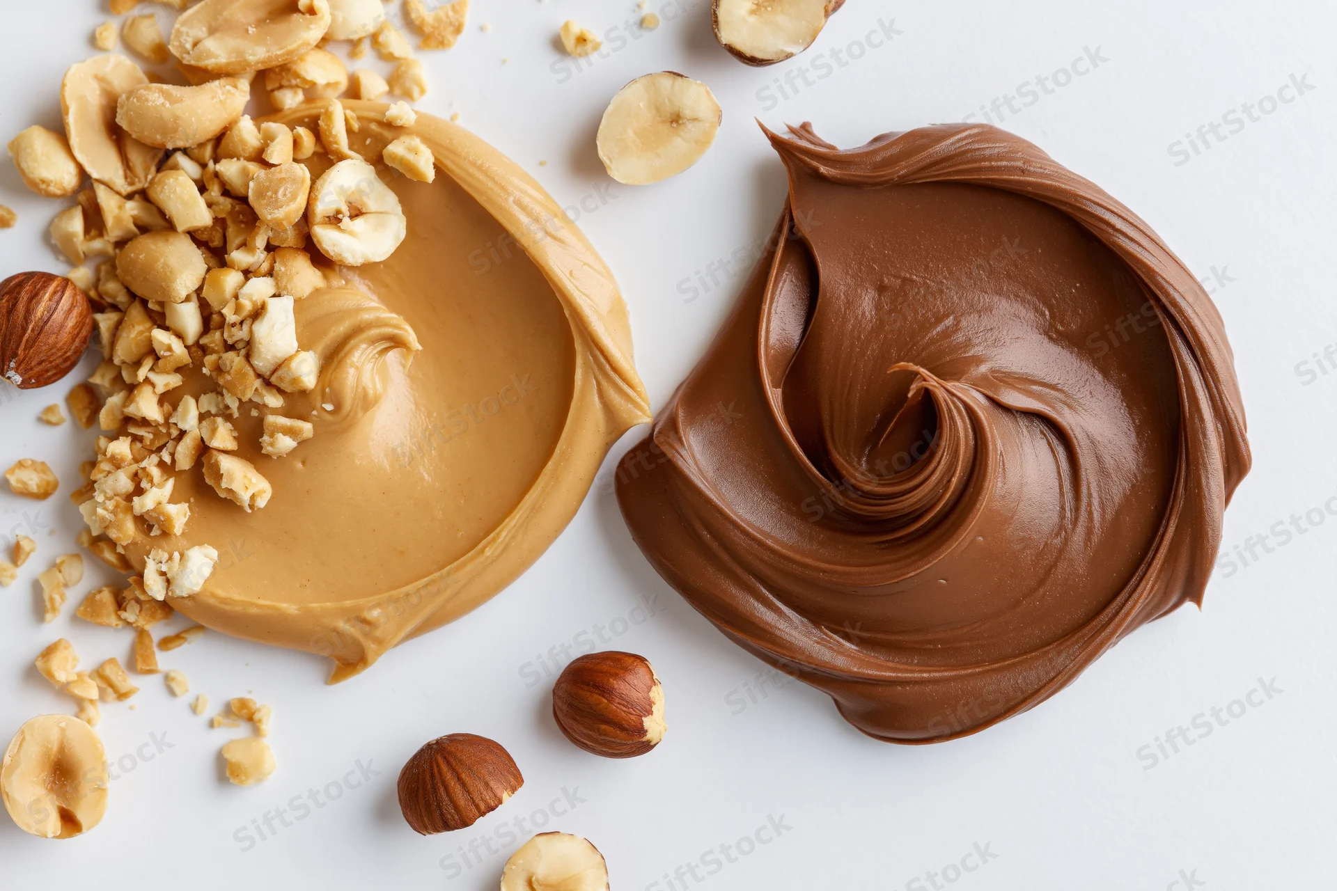 Two dollops of peanut butter and chocolate hazelnut spread with scattered nuts on white surface
