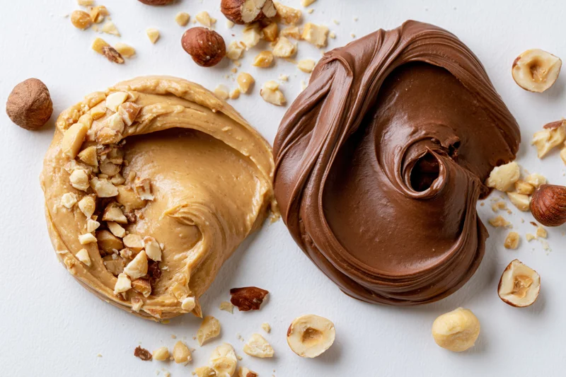 Two dollops of peanut butter and chocolate hazelnut spread with scattered nuts on white surface