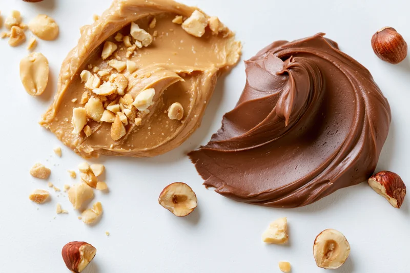 Two dollops of peanut butter and chocolate hazelnut spread with scattered nuts on white surface