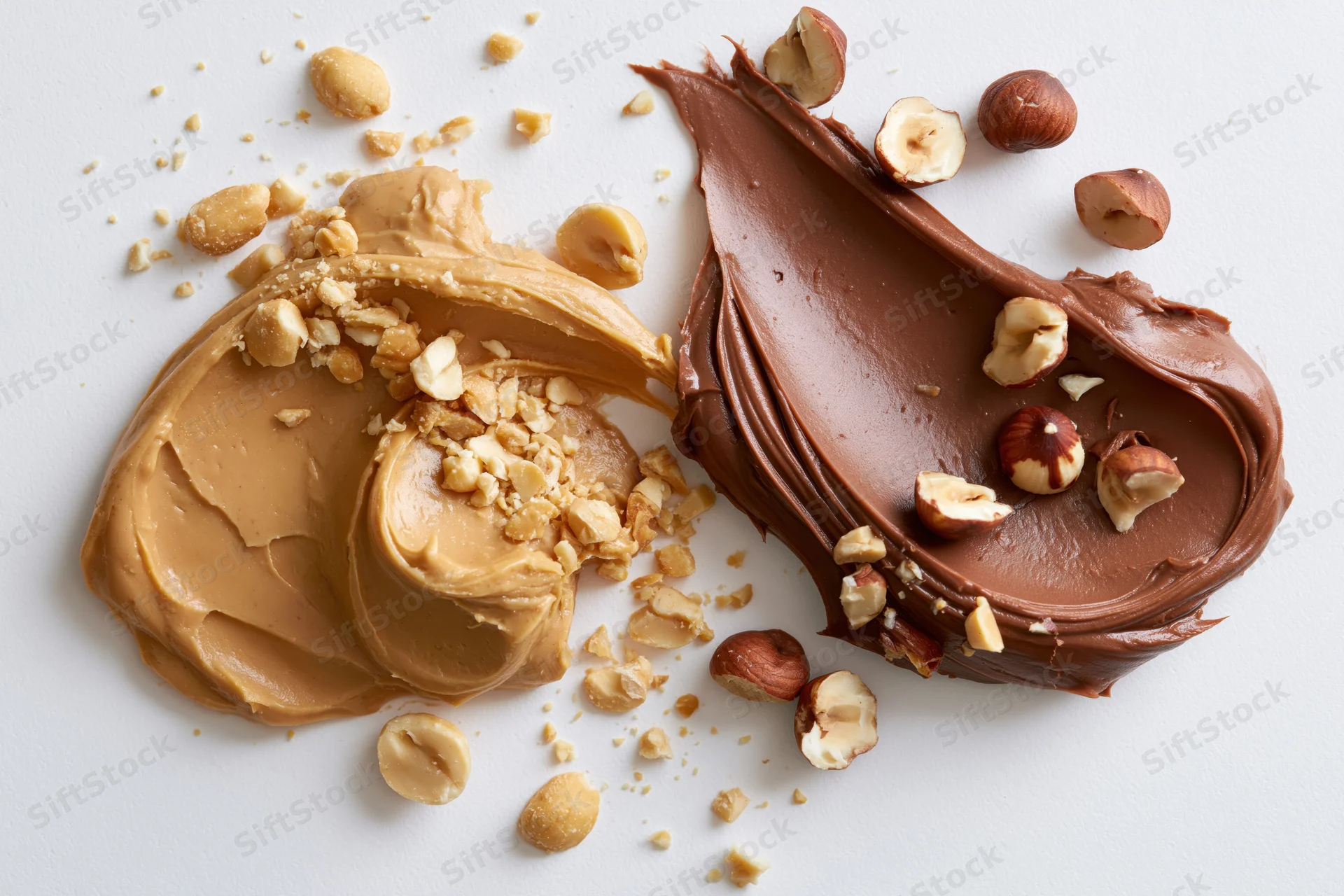 Two smeared dollops of peanut butter and chocolate hazelnut spread on white surface with scattered nuts