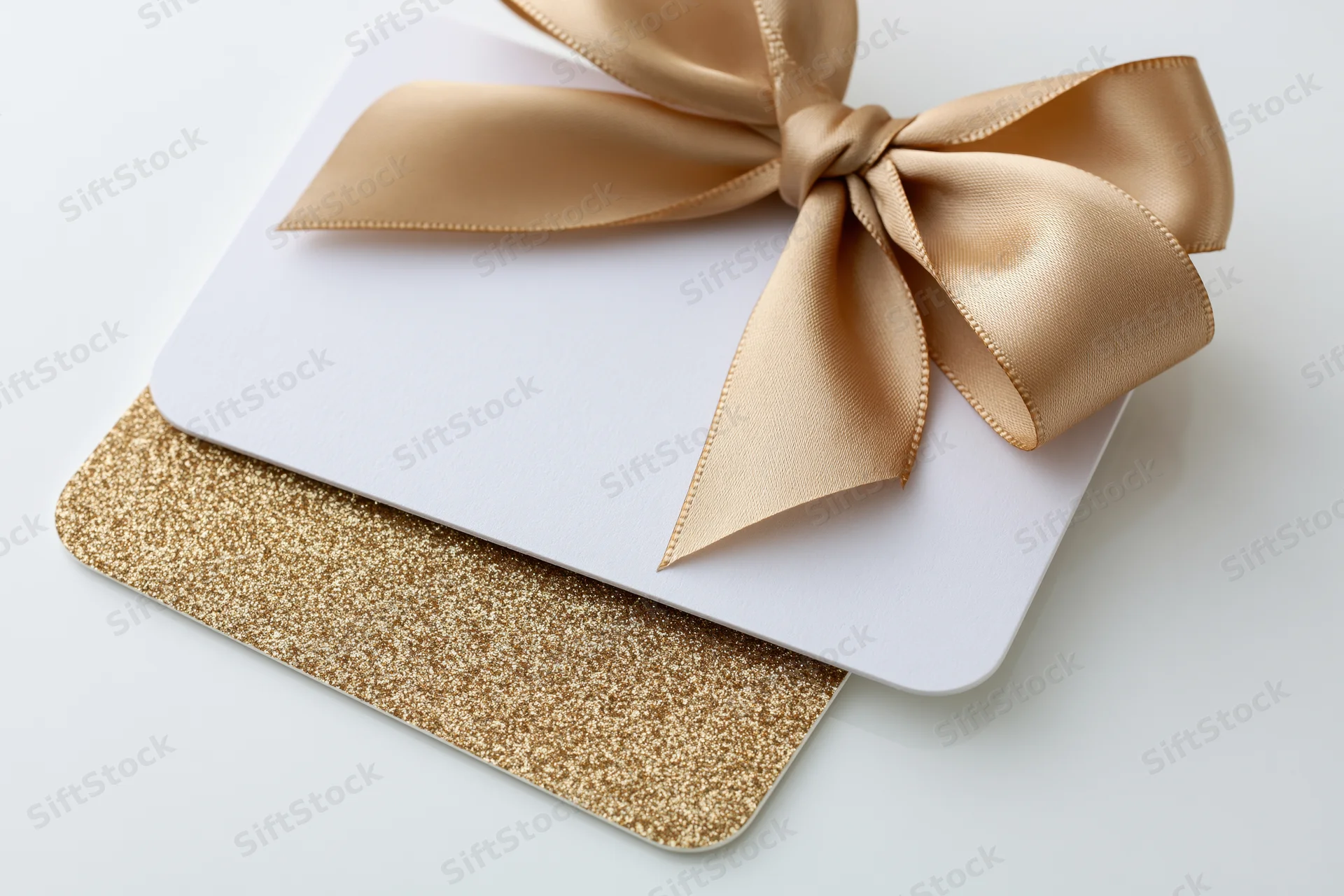 Two stacked gift cards with a gold ribbon bow on a white background
