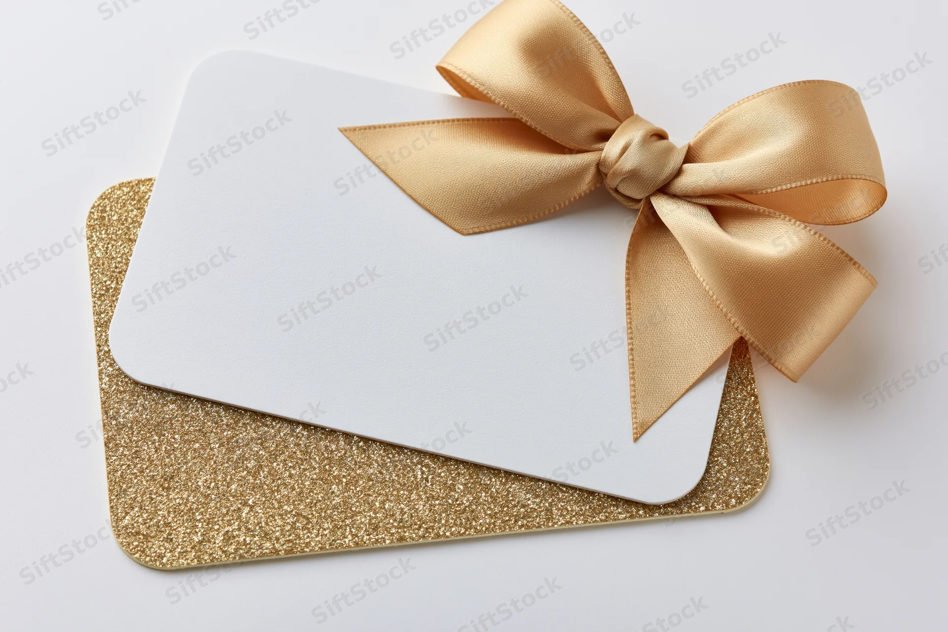 Two stacked gift cards with a gold ribbon bow on a white background