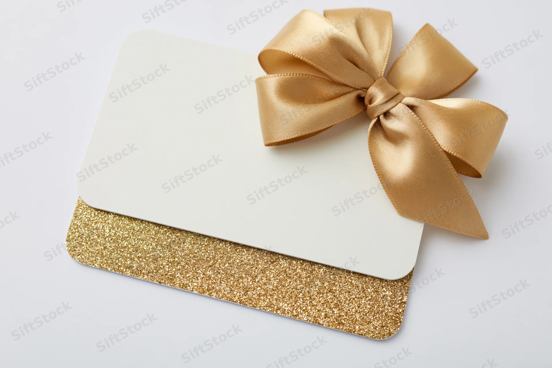 Two stacked gift cards with gold glitter and ribbon bow on white background