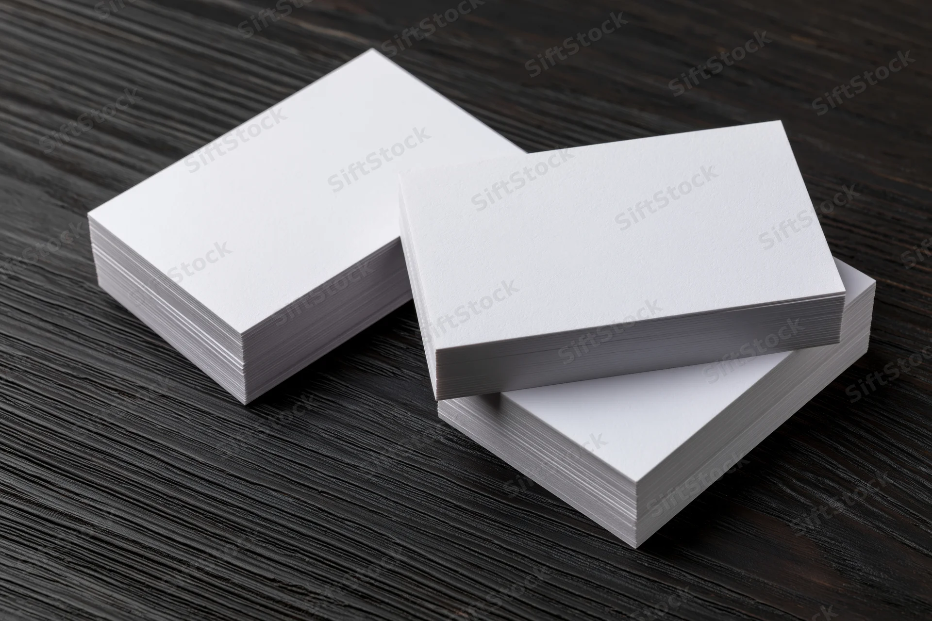 Two stacks of blank white business cards arranged on dark wooden surface