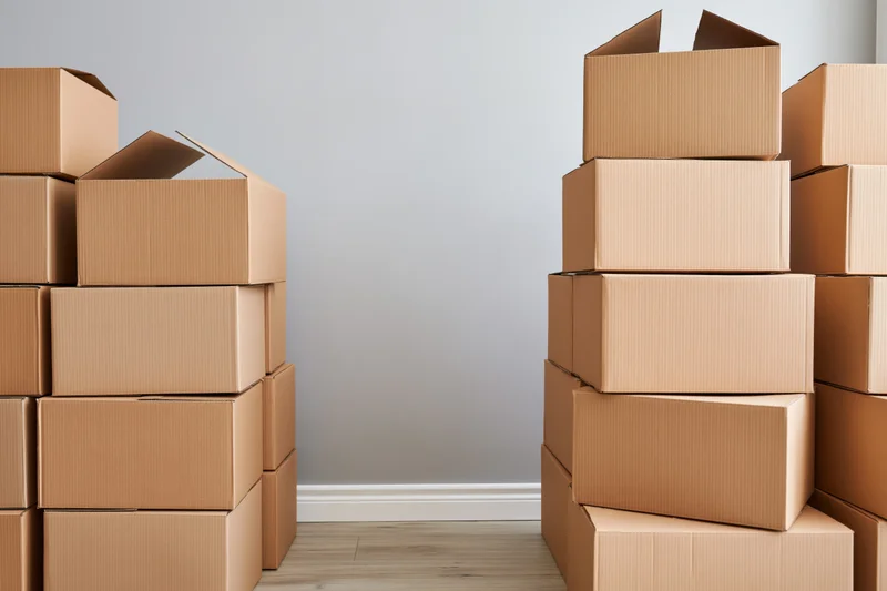 Stacks of brown cardboard moving boxes arranged on both sides of a room with copyspace in the center