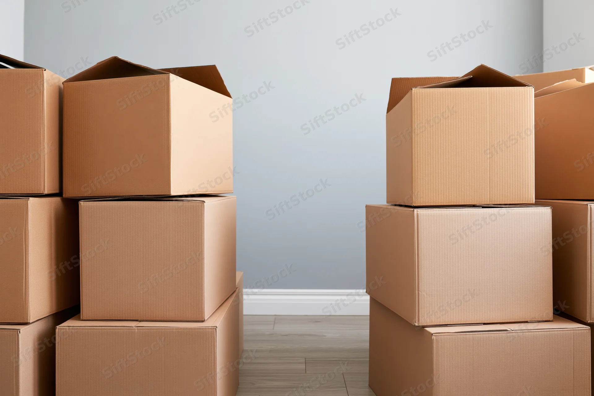 Stacks of brown cardboard moving boxes arranged in a room with copyspace between them