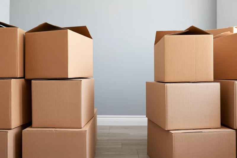 Stacks of brown cardboard moving boxes arranged in a room with copyspace between them