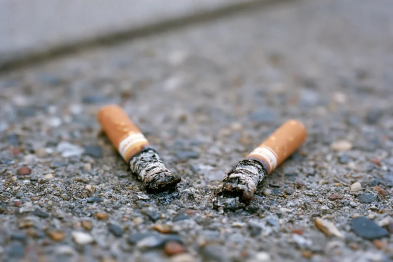 Two stubbed-out cigarette butts lying on rough concrete pavement