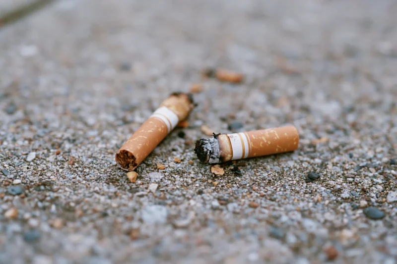 Two stubbed-out cigarette butts lying on rough concrete pavement