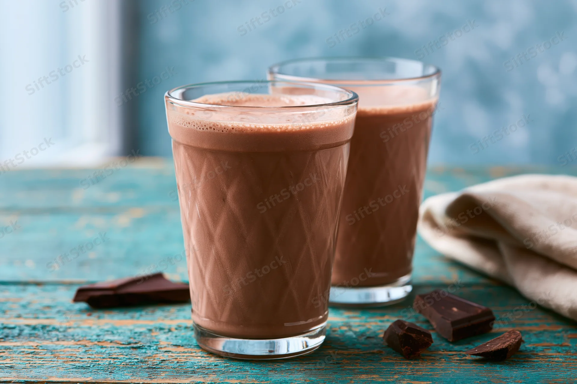 Two textured glass tumblers filled with creamy chocolate milk on a blue wooden table with chocolate pieces and a cloth napkin