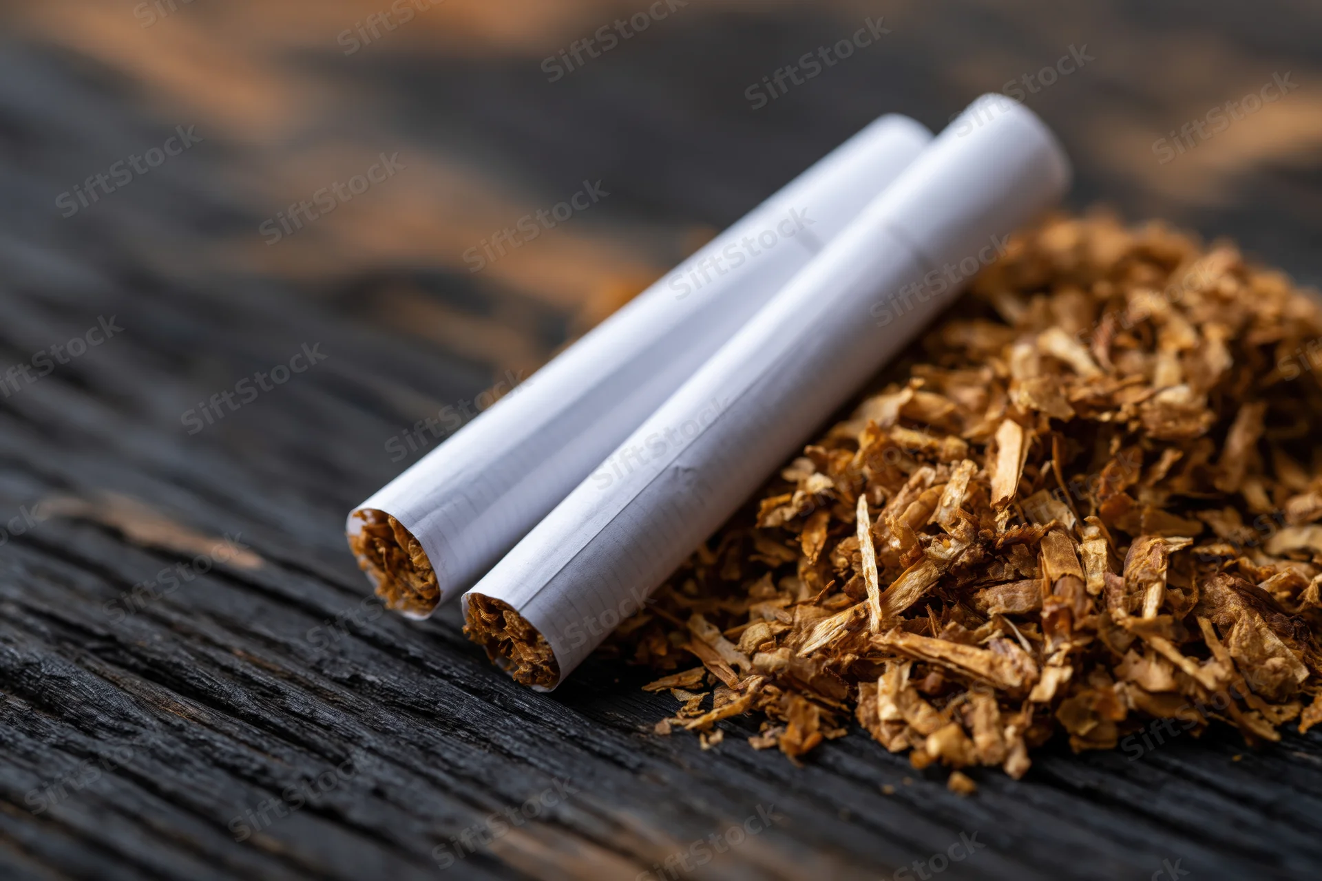 Two unlit cigarettes resting on a pile of loose dried tobacco on a dark wooden surface