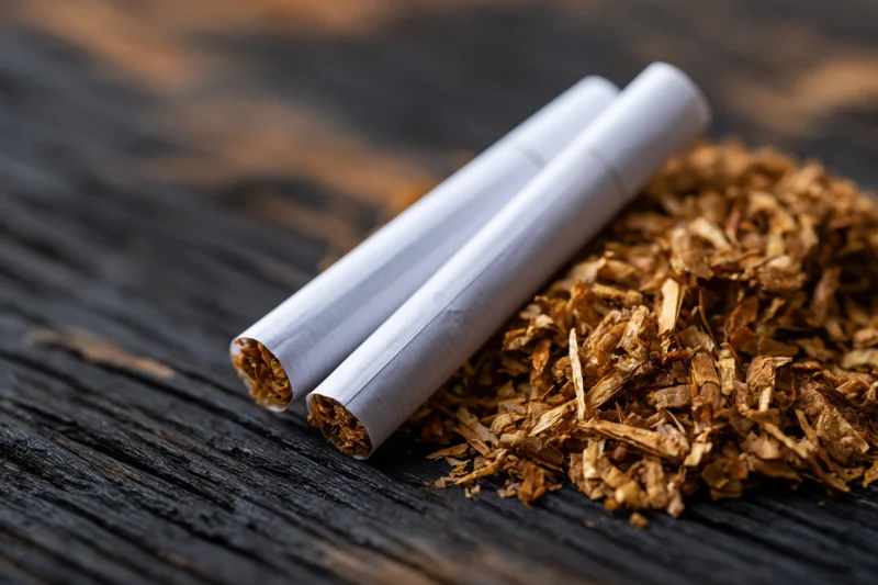 Two unlit cigarettes resting on a pile of loose dried tobacco on a dark wooden surface