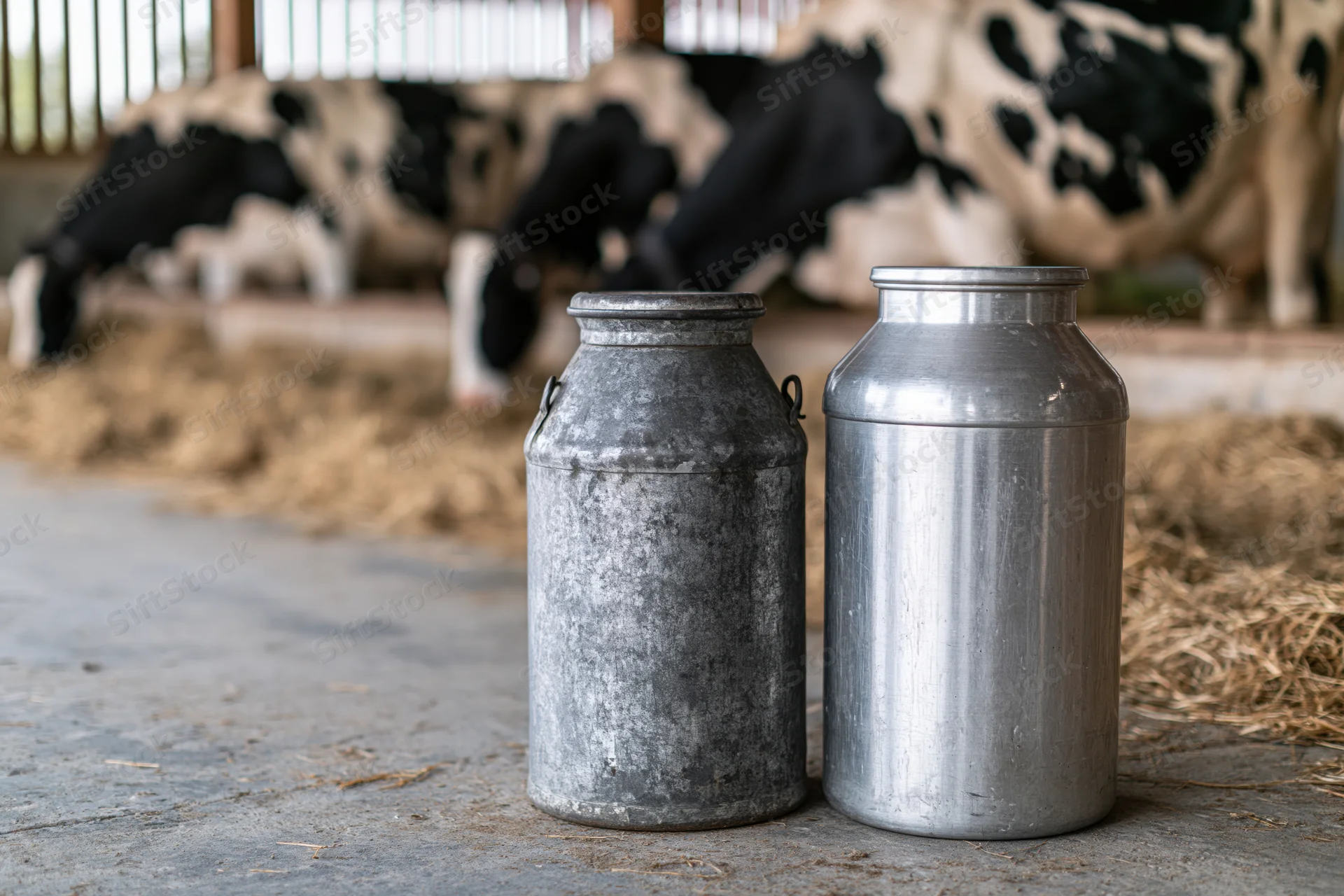 Two aluminum milk cans standing on concrete floor in barn with cows in background