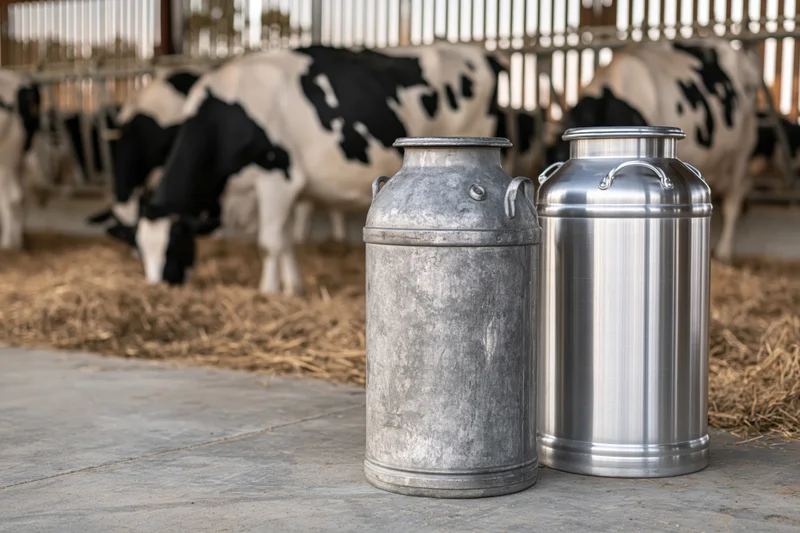 Two milk cans, one weathered aluminum and one stainless steel, standing on concrete in a barn with cows in the background