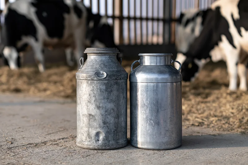 Two weathered aluminum milk cans standing on concrete floor in front of cows in barn