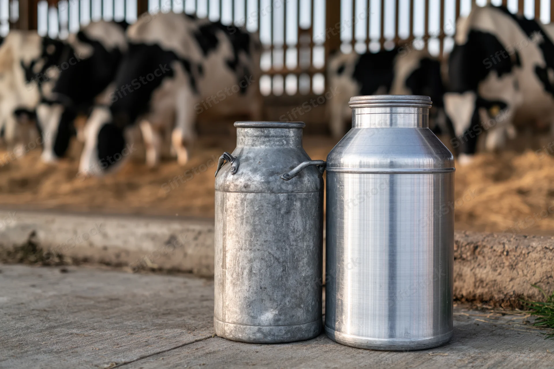 Two aluminum milk cans standing on concrete floor in front of cows in barn