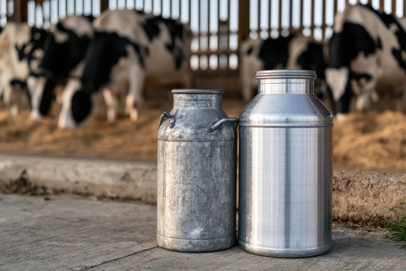 Two aluminum milk cans standing on concrete floor in front of cows in barn
