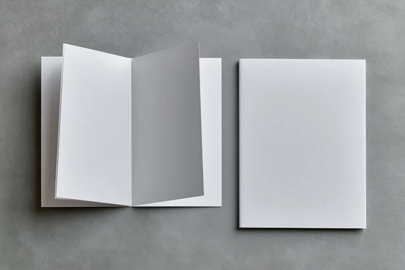 Two blank white booklets one open and one closed on a flat gray surface