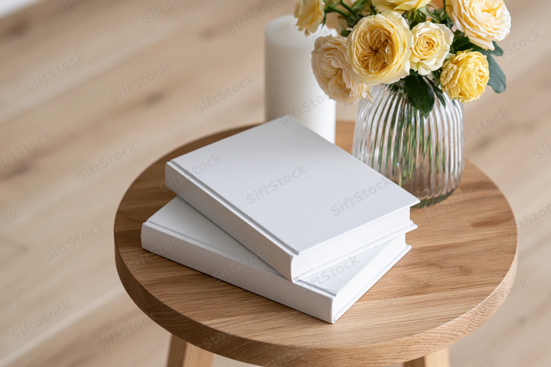 Two white hardcover books with blank covers stacked on a round wooden table beside a vase of yellow roses and a white candle