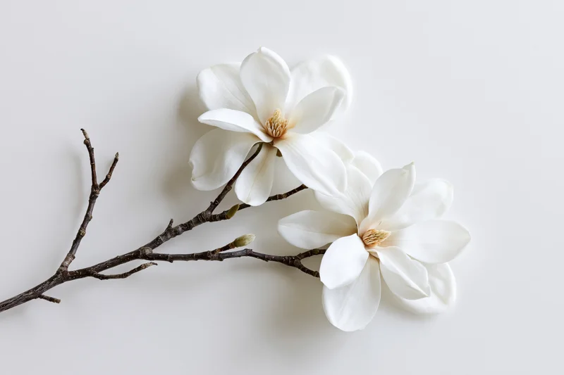 Two white magnolia blooms on a bare dark brown twig laid flat on a light surface