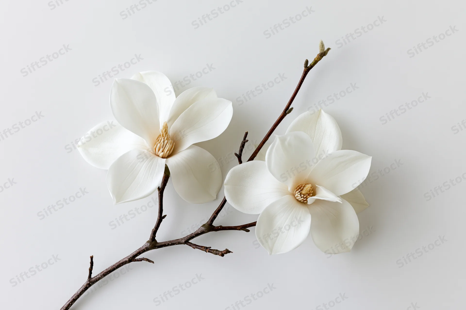Two white magnolia blooms on a dark brown twig laid flat on a light surface