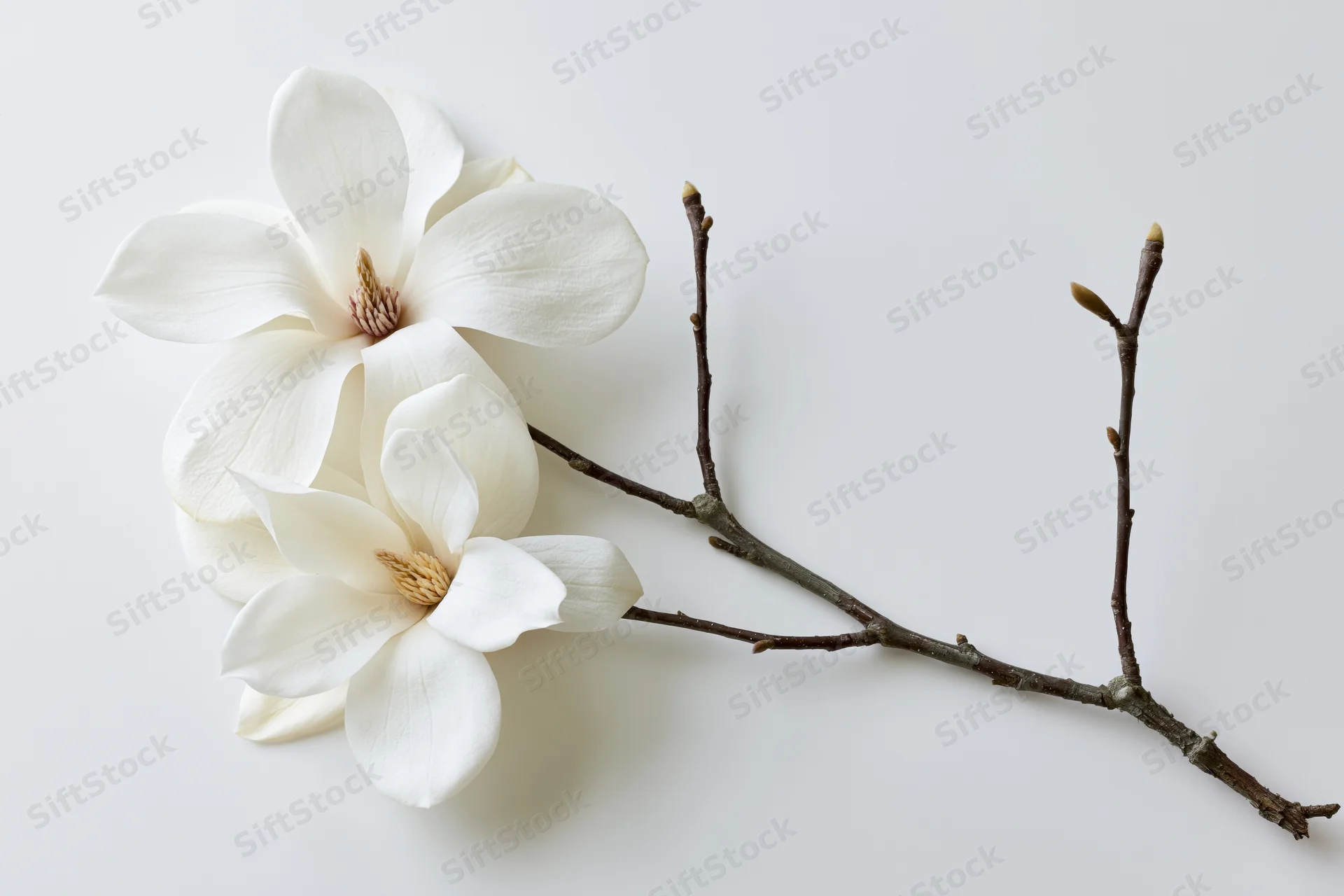 Two white magnolia blooms on a bare dark brown twig laid flat on a white surface