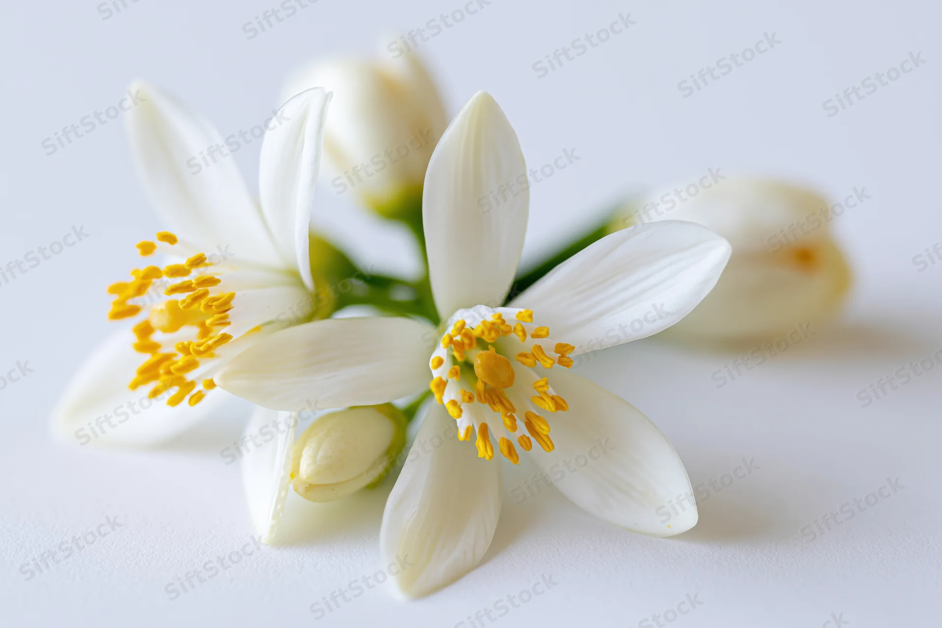 White orange blossom flowers with yellow stamens on a plain white surface