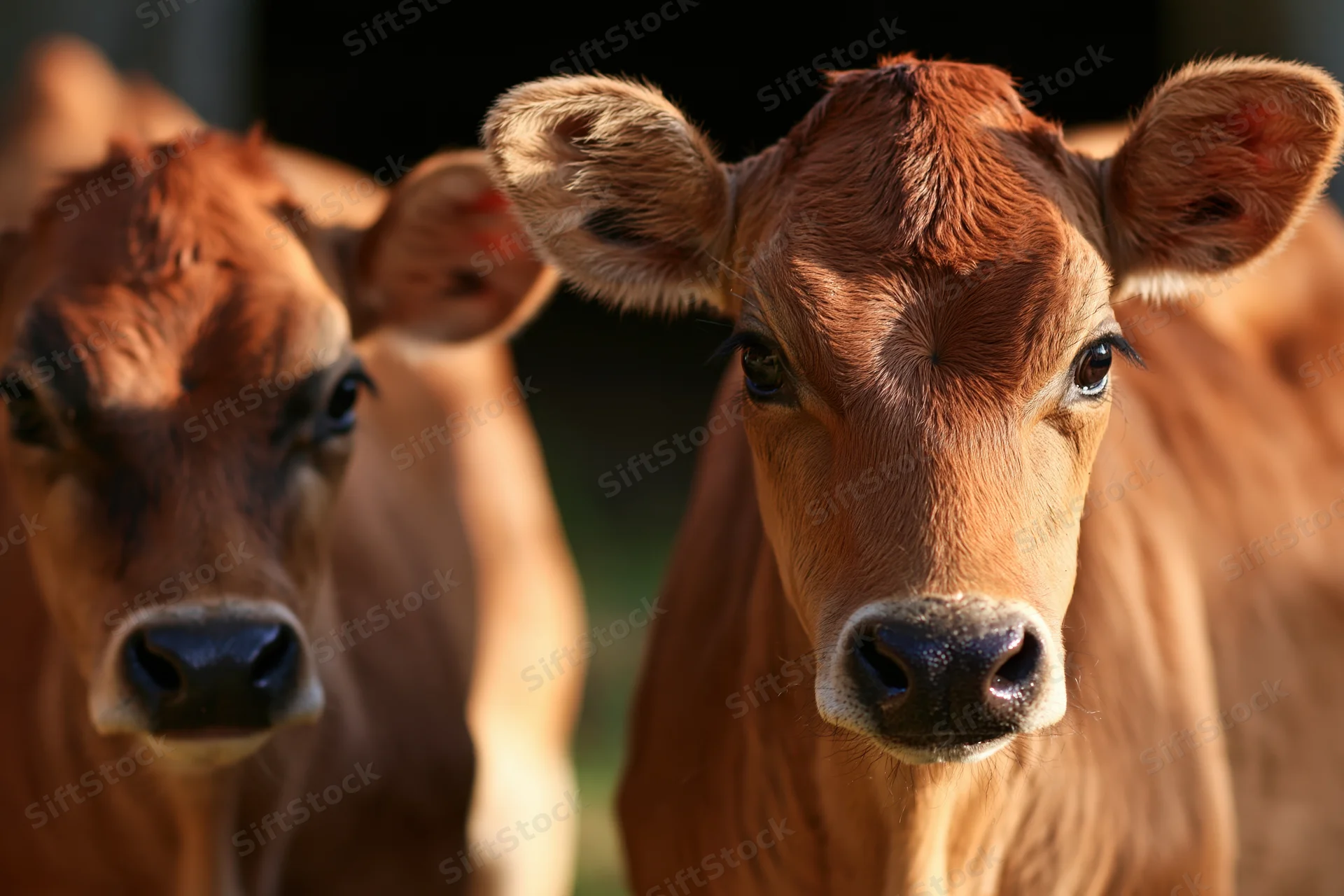 Two young jersey calves facing camera in closeup portrait on farm