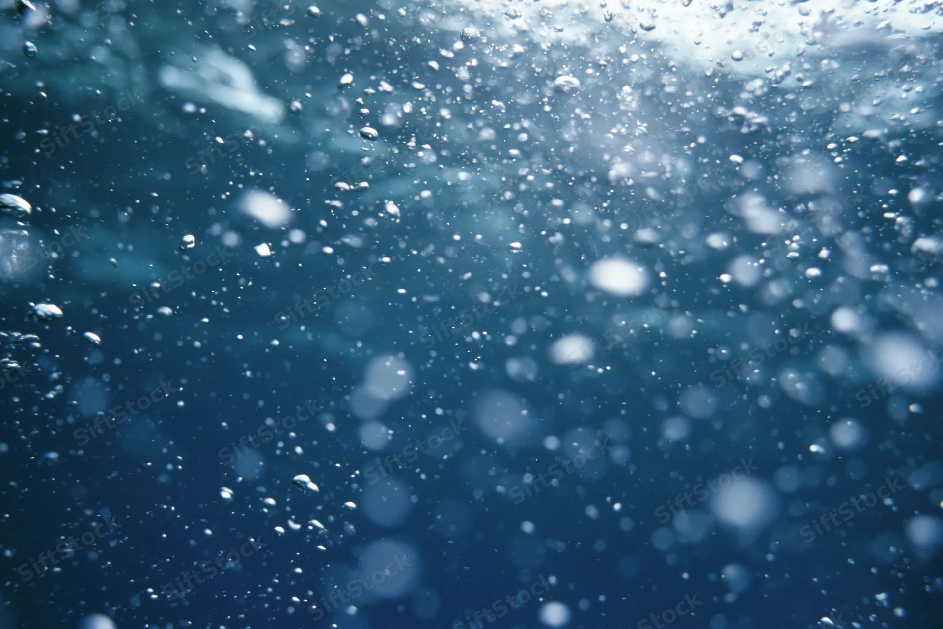 Underwater view looking up through rising bubbles toward sunlit surface