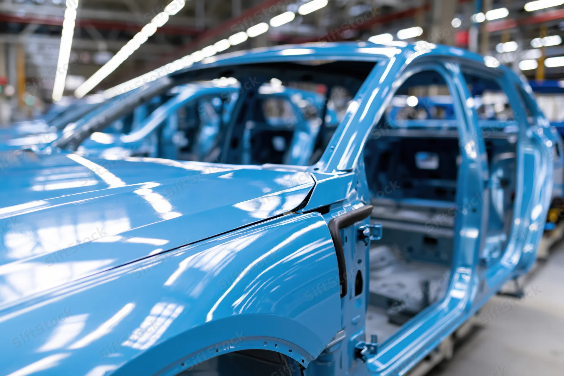 Blue car bodies on an automotive assembly line in a factory