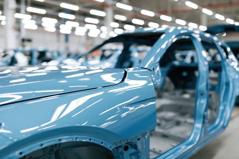 Blue unpainted car body on automotive assembly line in factory