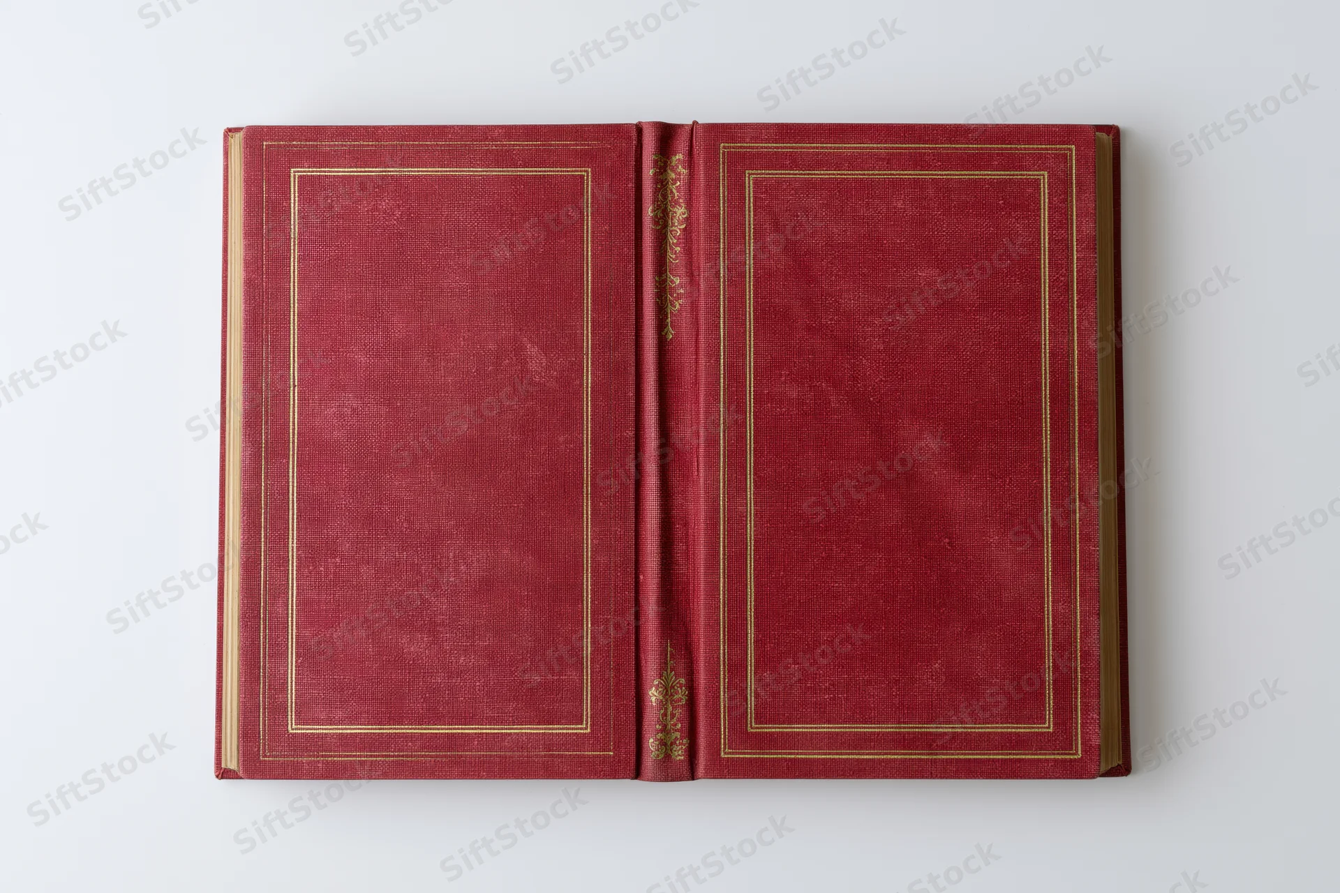 Open vintage hardcover book with red leather covers and gold embossing lying flat on white surface
