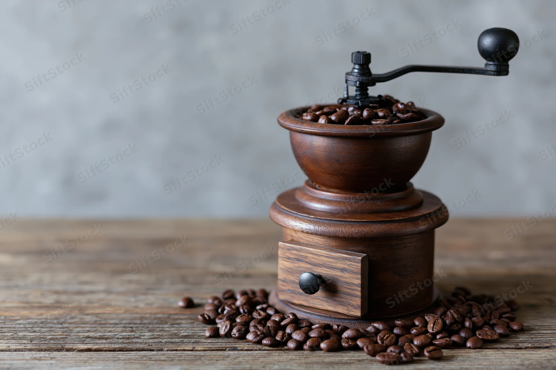 Vintage wooden manual coffee grinder filled with roasted beans on a rustic wooden table
