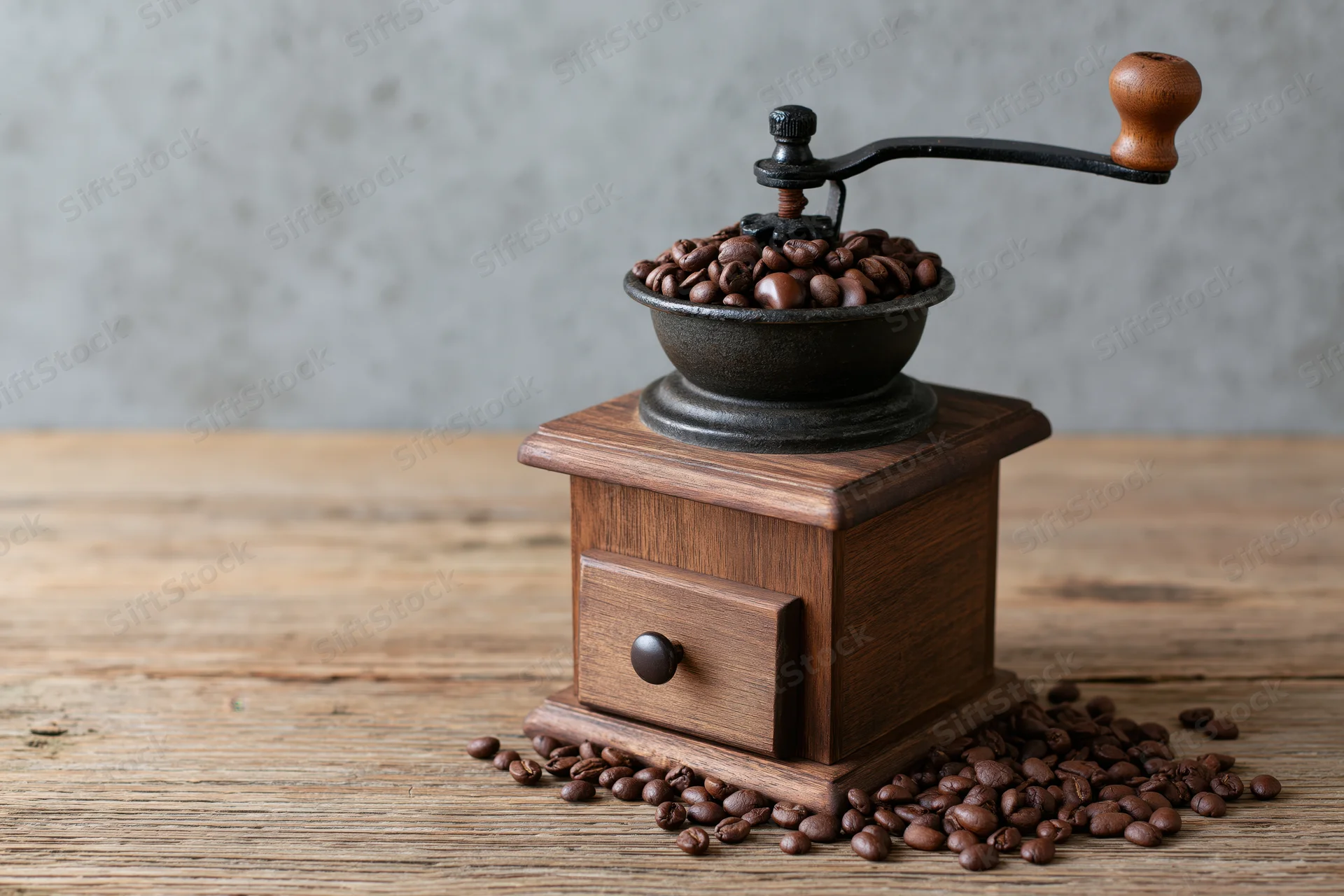 Vintage wooden manual coffee grinder filled with roasted coffee beans on a rustic wooden table