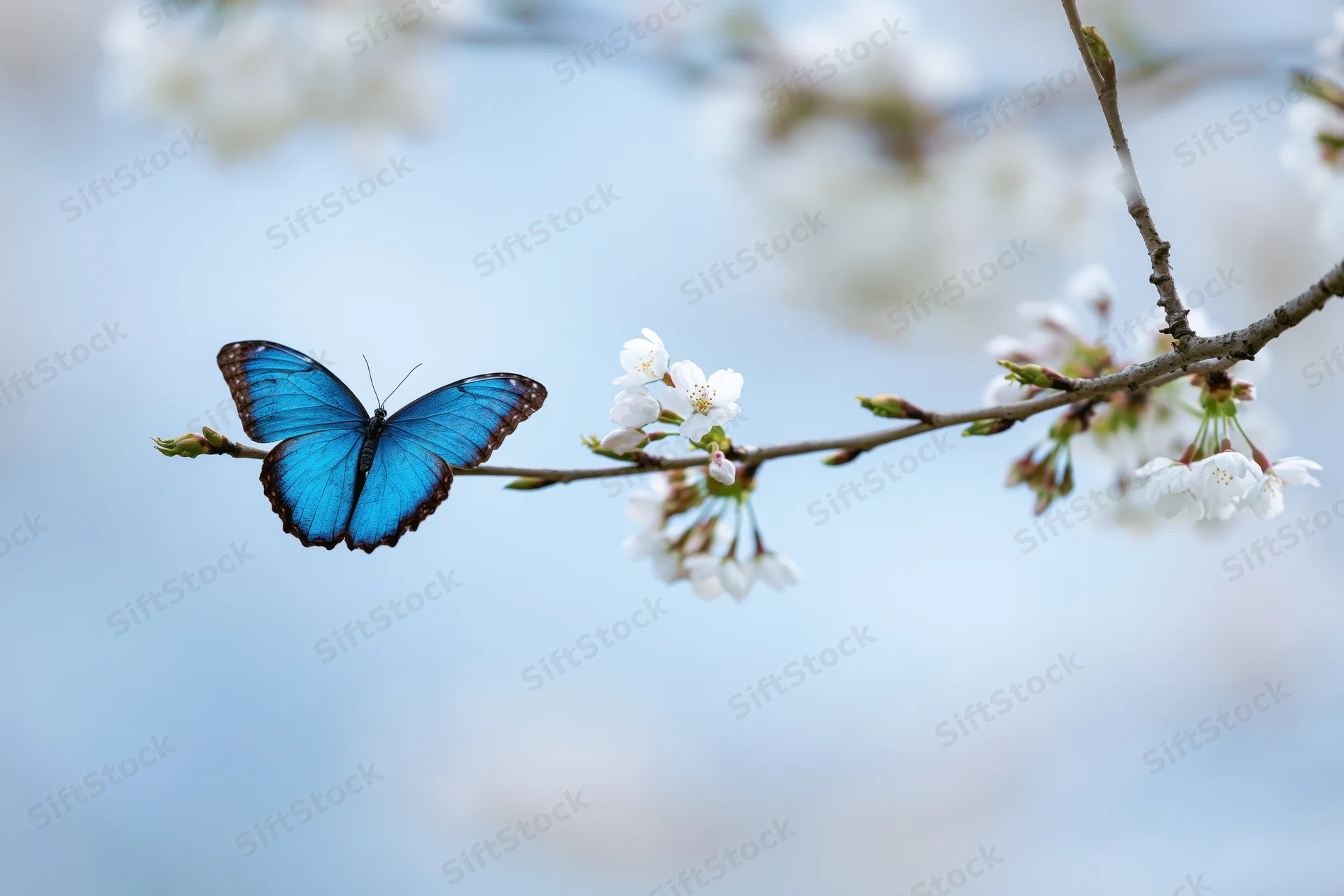 Blue morpho butterfly resting on a cherry blossom branch in spring