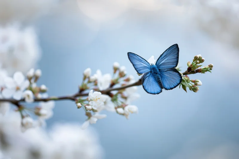 Blue morpho butterfly resting on a cherry blossom branch in spring garden