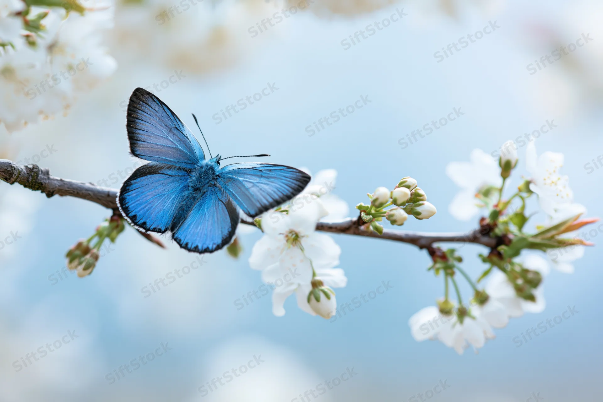 Blue morpho butterfly resting on a cherry blossom branch in spring