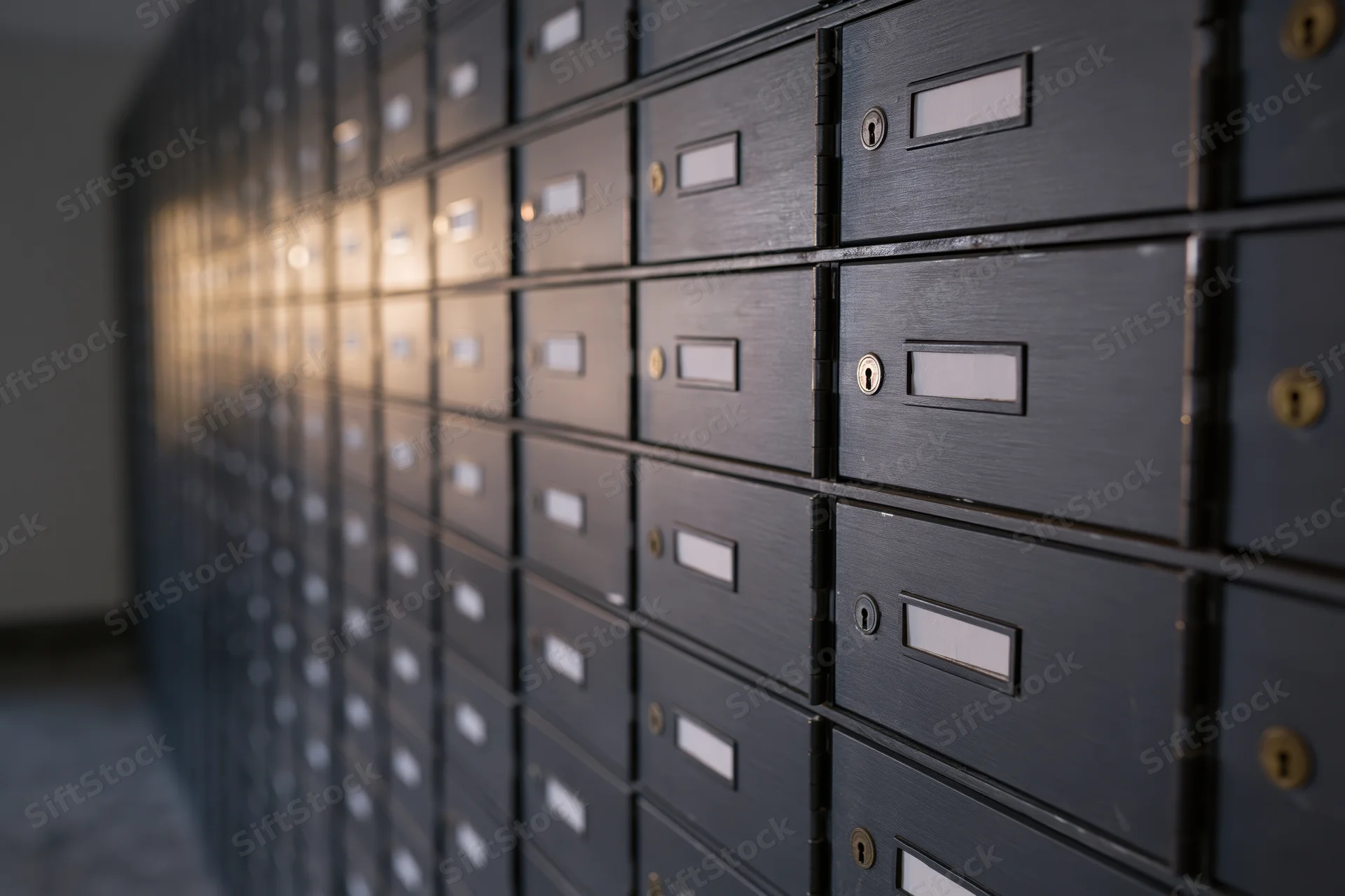 Wall of dark metal safe deposit boxes arranged in rows inside a secure bank vault