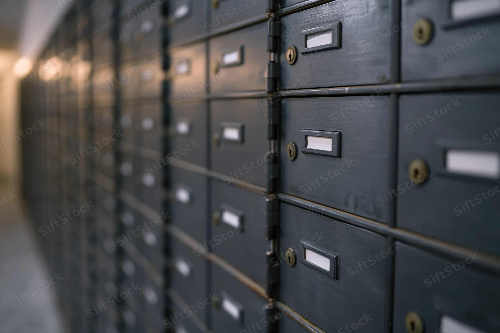 Row of dark metal safe deposit boxes lining a bank vault hallway
