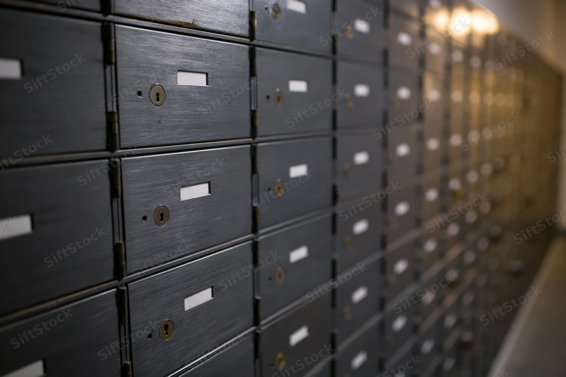 Wall of dark metal safe deposit boxes arranged in rows inside a secure bank vault