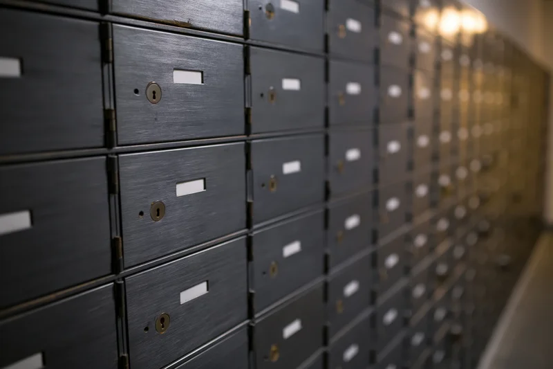 Wall of dark metal safe deposit boxes arranged in rows inside a secure bank vault