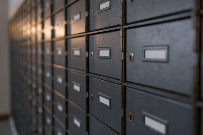 Wall of dark metal safe deposit boxes arranged in rows inside a secure bank vault