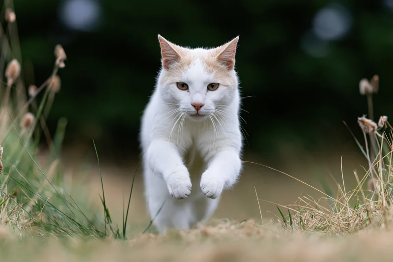 White and ginger cat running midstride toward camera on grassy field