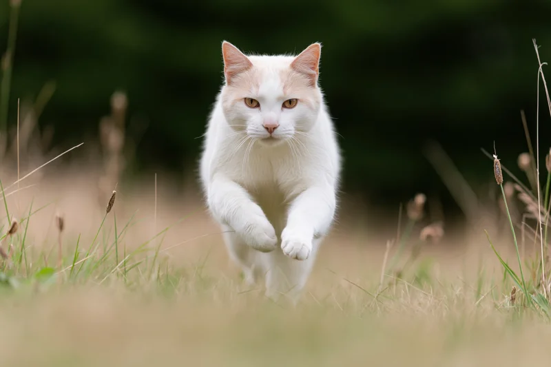 White and ginger cat running mid-stride toward camera in grassy field