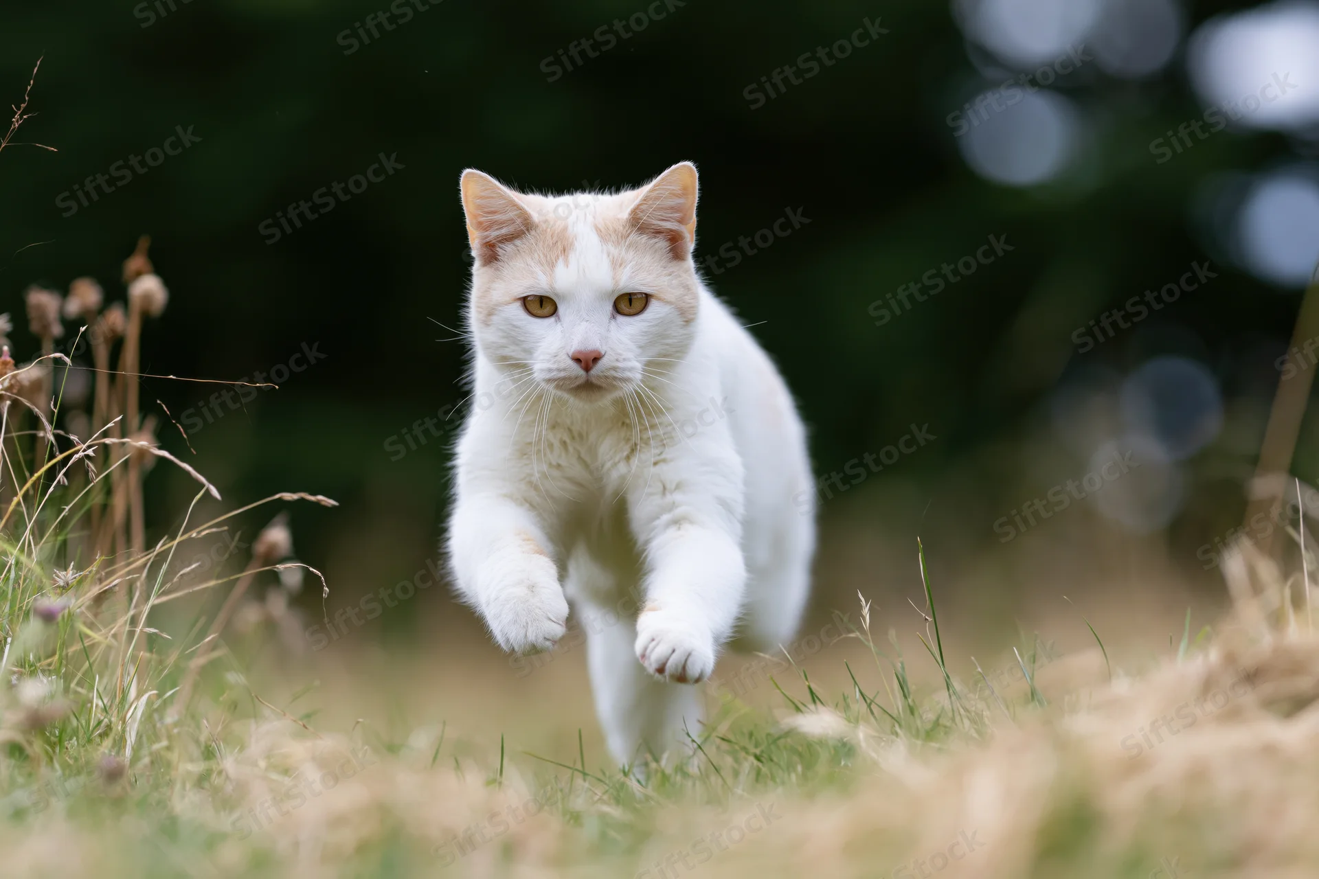 White and ginger cat running midstride toward camera on grassy field