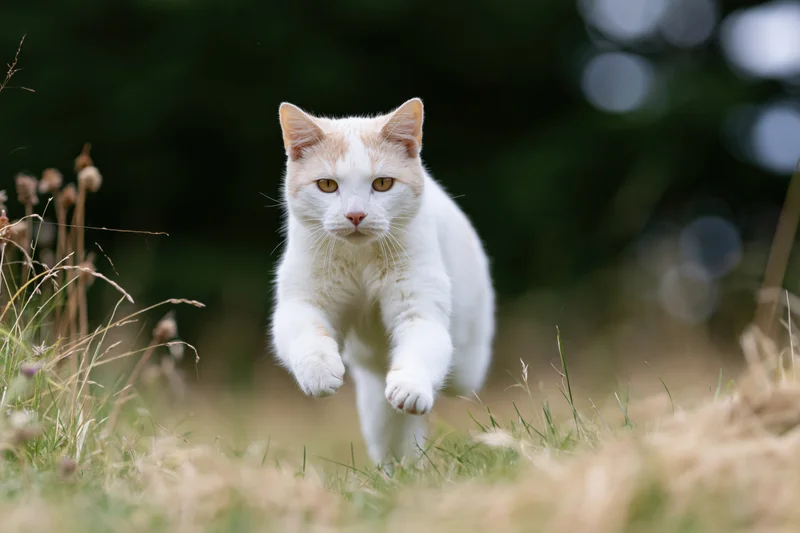 White and ginger cat running midstride toward camera on grassy field