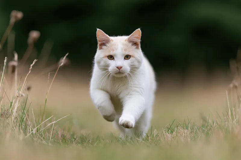 White and ginger cat running toward camera mid-stride in grassy field