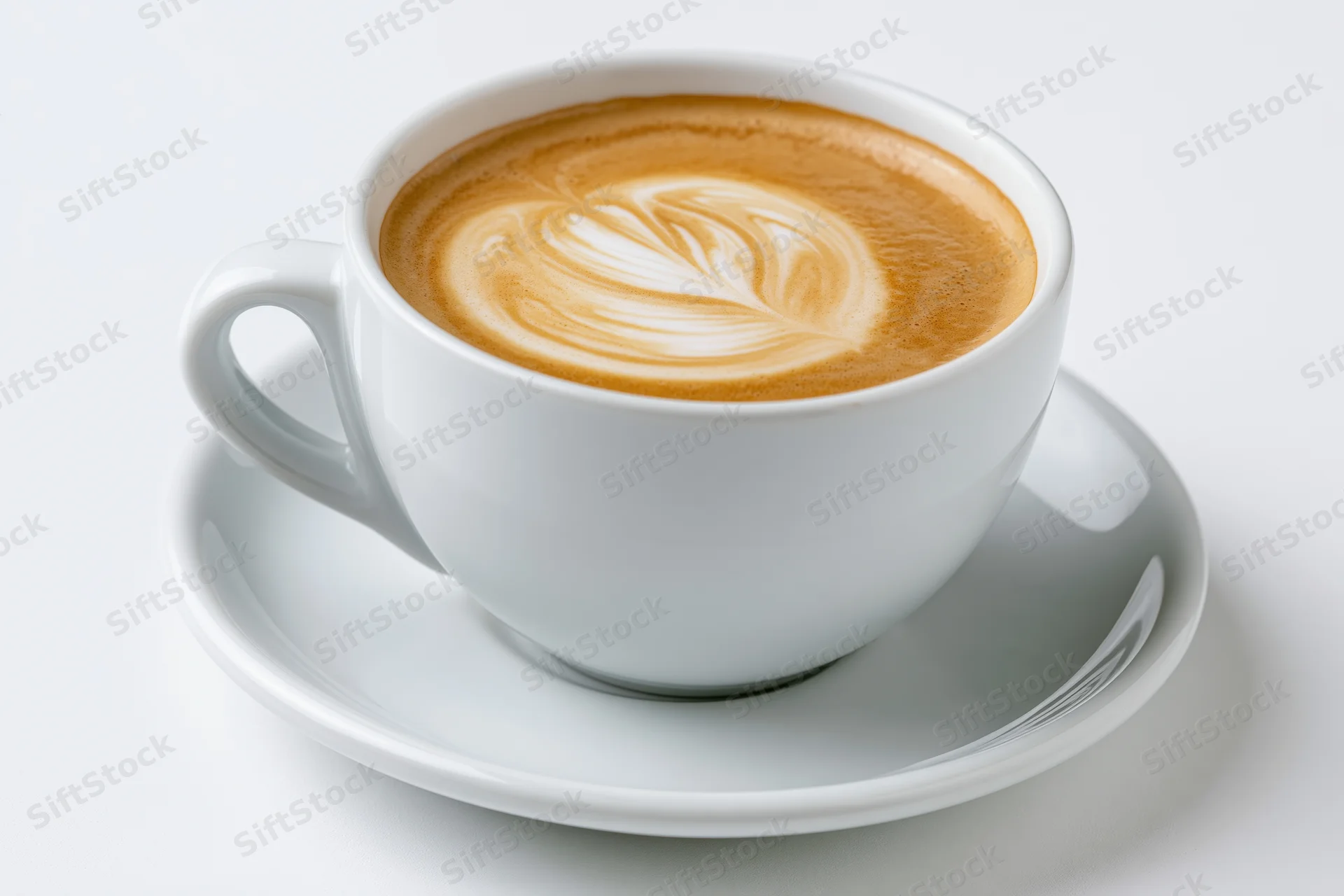 White ceramic cappuccino cup with latte art swirl on matching saucer against plain white background