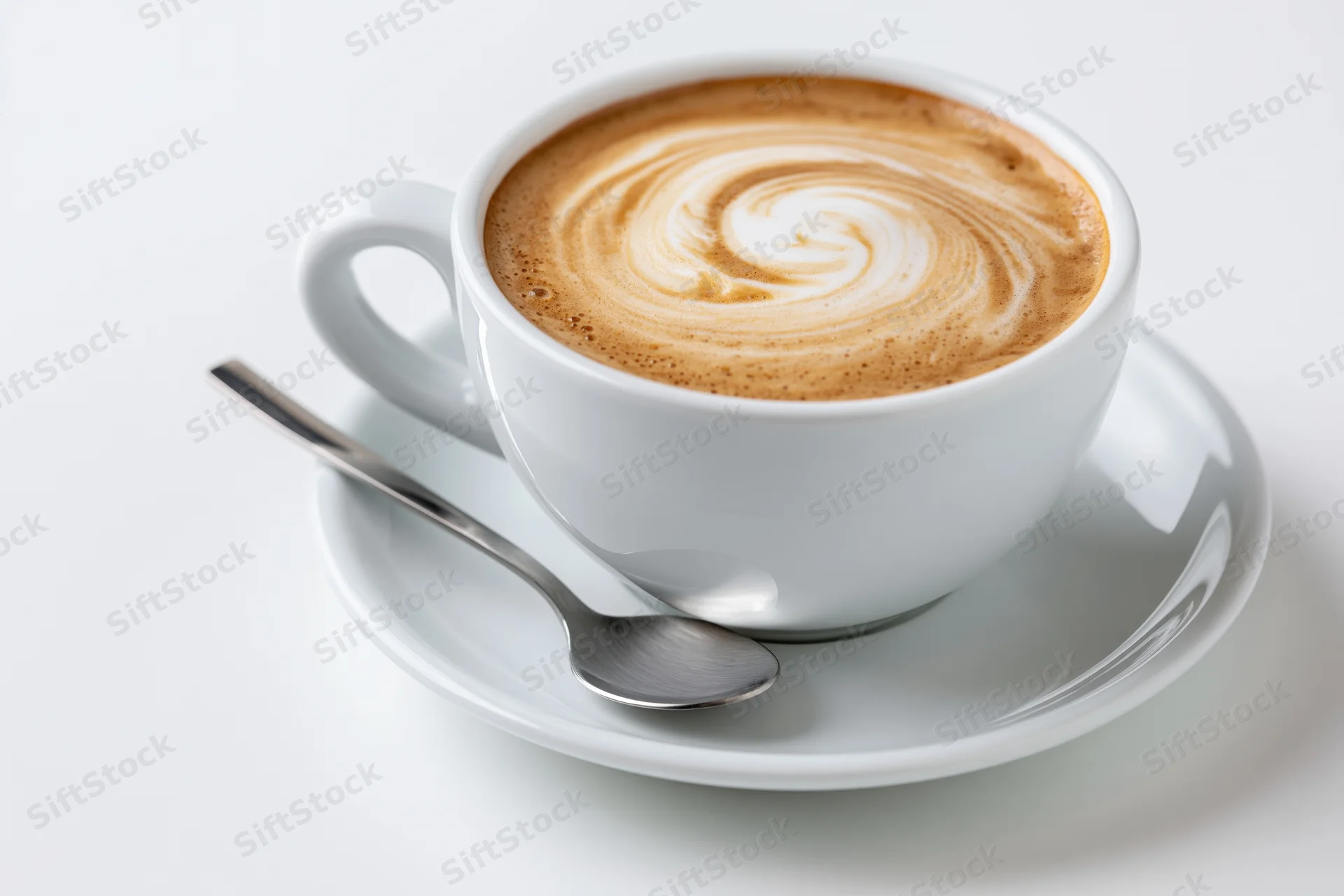 White ceramic cappuccino cup with latte art swirl on matching saucer and spoon, isolated on white background